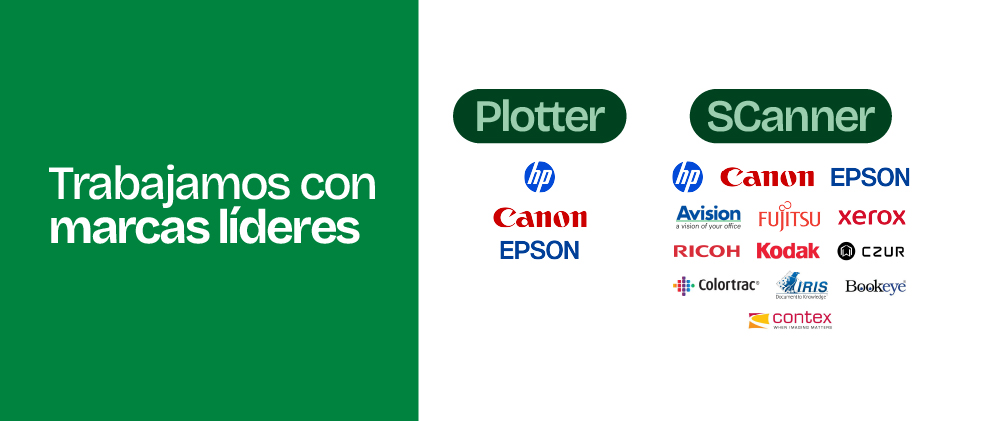 Trabajamos con marcas líderes como Epson, Canon, Lexmark, Toshiba, Avision y Kodak Alaris, integrando hardware + software + servicio técnico.