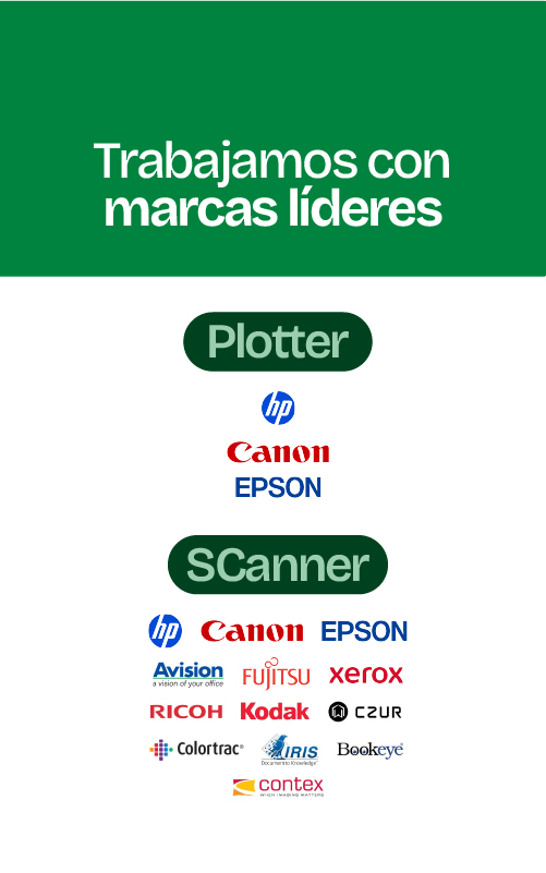 Trabajamos con marcas líderes como Epson, Canon, Lexmark, Toshiba, Avision y Kodak Alaris, integrando hardware + software + servicio técnico.